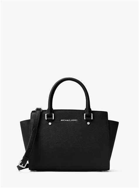 michael kors medium selma saffiano satchel black and white|selma saffiano leather bag review.